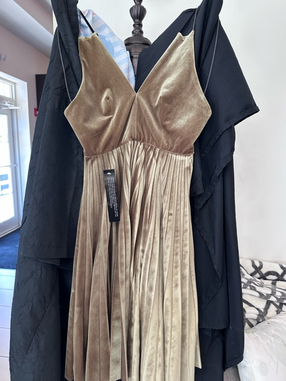 Topshop Gold Velvet Pleated Mini Dress